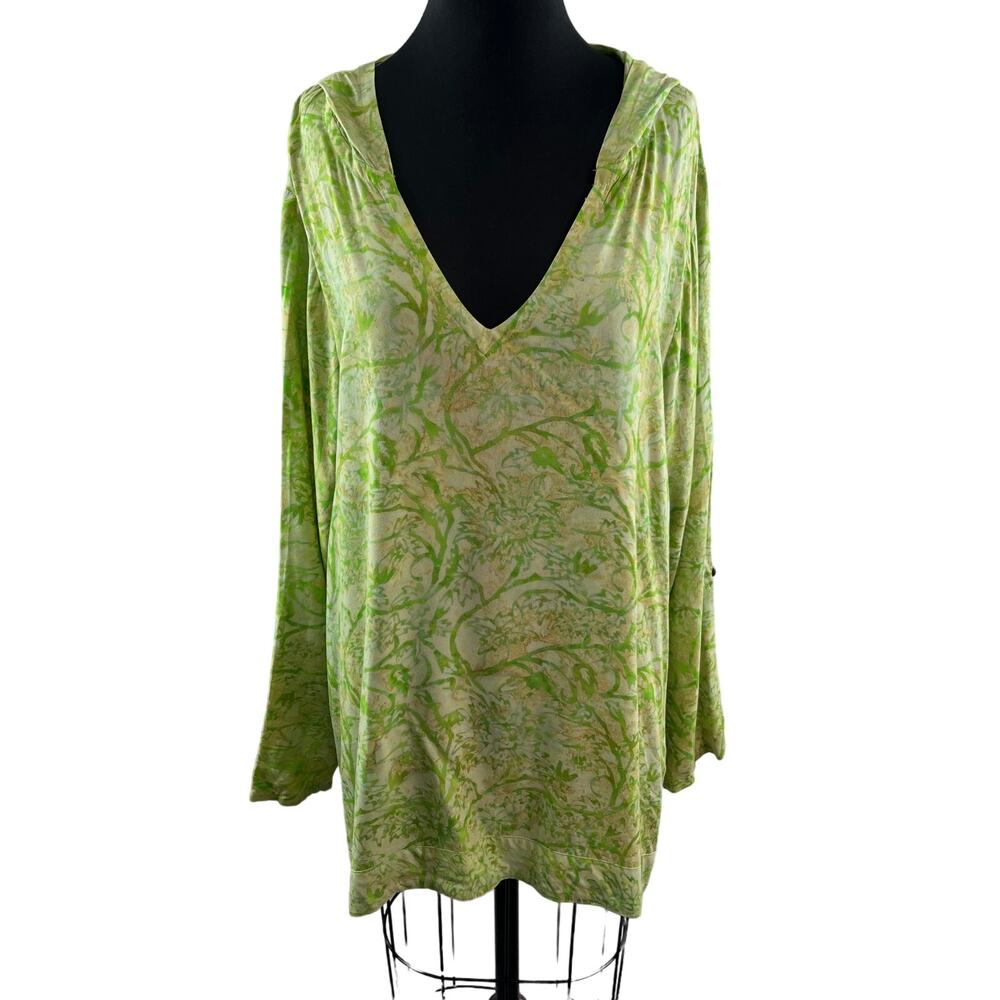 Soft Surroundings Lime Green Top Plunge Neck Hooded Long Sleeve Pullover Size XL